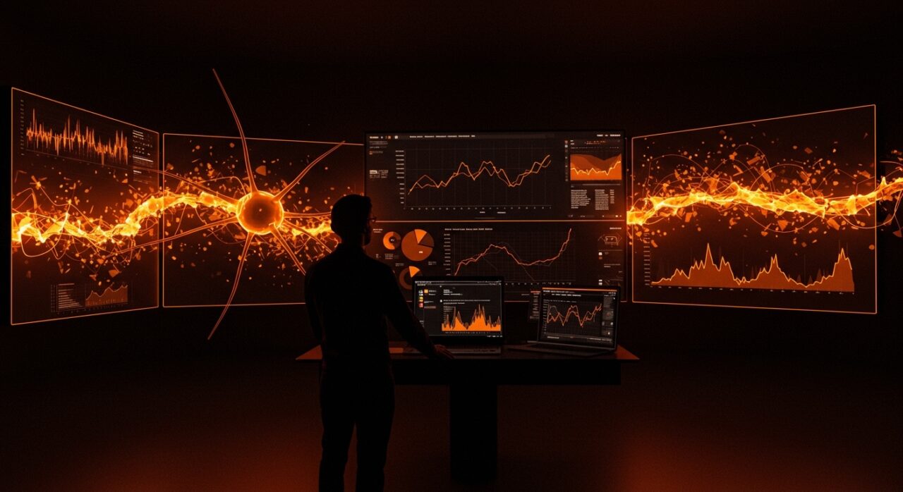 Editorial de medios tecnológicos mostrando pérdida de tráfico orgánico y el impacto de Google AI con metáforas visuales en naranja y negro.