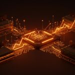 Memorias DRAM, NAND y HBM iluminadas en naranja representando la alta demanda impulsada por la inteligencia artificial en el mercado de semiconductores.