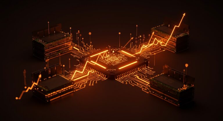 Memorias DRAM, NAND y HBM iluminadas en naranja representando la alta demanda impulsada por la inteligencia artificial en el mercado de semiconductores.