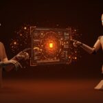 Dispositivo wearable y robot interactuando con una interfaz holográfica que representa memoria visual IA para wearables y robótica, tecnología de Memories.ai.