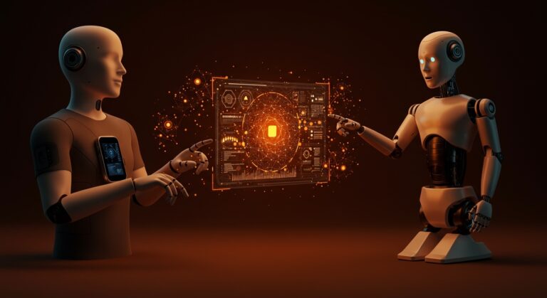 Dispositivo wearable y robot interactuando con una interfaz holográfica que representa memoria visual IA para wearables y robótica, tecnología de Memories.ai.