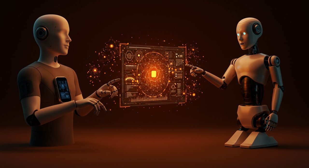 Dispositivo wearable y robot interactuando con una interfaz holográfica que representa memoria visual IA para wearables y robótica, tecnología de Memories.ai.