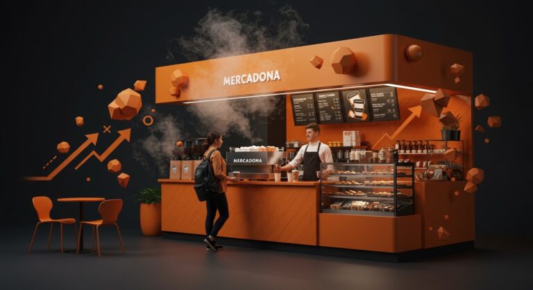 Mercadona compitiendo en el mercado de café para llevar con un diseño moderno y tendencia foodtech en retail.