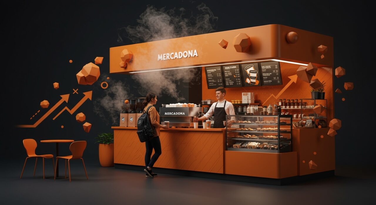 Mercadona compitiendo en el mercado de café para llevar con un diseño moderno y tendencia foodtech en retail.