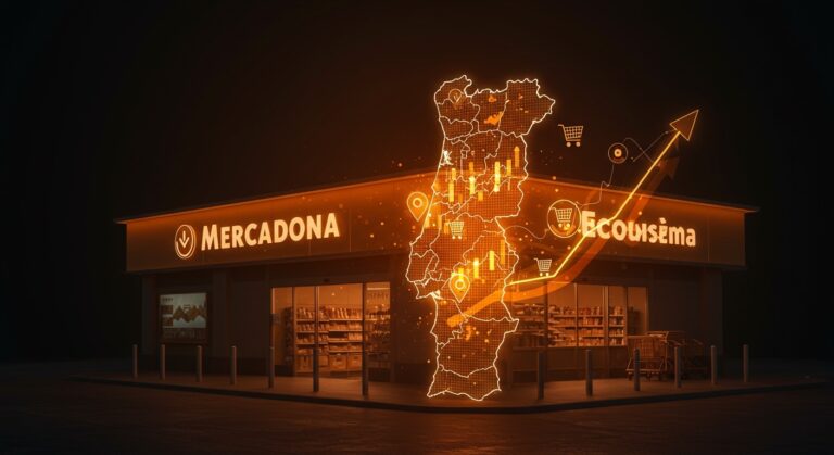 Fachada de Mercadona en Portugal destacando su expansión internacional y modelo de negocio exitoso en retail.
