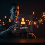 Interfaz futurista de red social para agentes IA representando la adquisición de Moltbook por Meta y tendencias tech para startups en 2026.