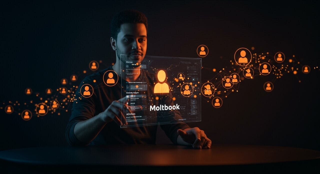 Interfaz futurista de red social para agentes IA representando la adquisición de Moltbook por Meta y tendencias tech para startups en 2026.