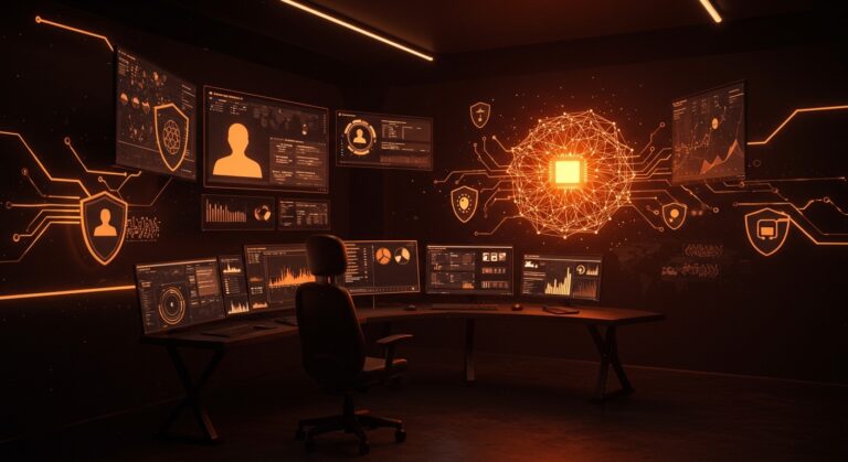 Sistema de inteligencia artificial de Meta supervisando moderación de contenido y prevención de estafas para startups tecnológicas.