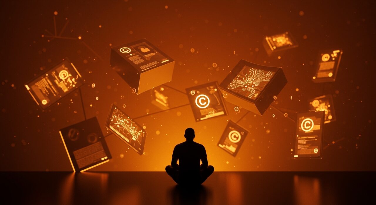 Imagen conceptual que representa la discusión de Meta sobre fair use en la descarga de libros piratas para entrenar inteligencia artificial mediante BitTorrent, con metáforas visuales de redes neuronales y derechos de autor.