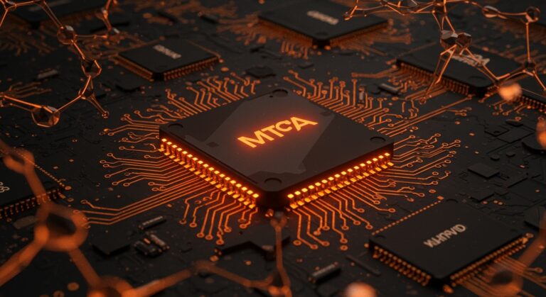 Microchip futurista de Meta MTIA representando independencia tecnológica en hardware para IA frente a NVIDIA, en tonos naranja y negro.