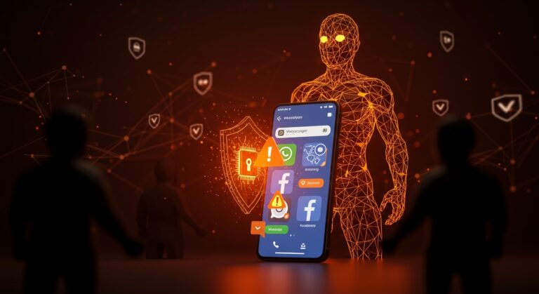 Pantalla de smartphone mostrando alertas preventivas de Meta contra estafas en WhatsApp, Messenger y Facebook con protección digital avanzada de inteligencia artificial.