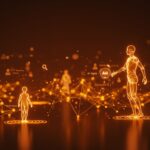 Meta adquiere Moltbook, representado por agentes de IA conectados en una red social digital con tonos naranja y negro, simbolizando la automatización y la integración en redes sociales como WhatsApp e Instagram.