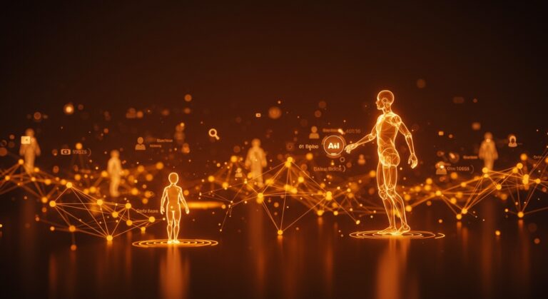 Meta adquiere Moltbook, representado por agentes de IA conectados en una red social digital con tonos naranja y negro, simbolizando la automatización y la integración en redes sociales como WhatsApp e Instagram.