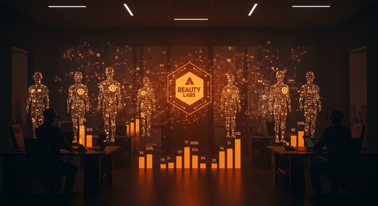 Meta despide empleados de Reality Labs y apuesta a IA mostrando ejecutivos con compensaciones elevadas en un entorno tecnológico futurista.