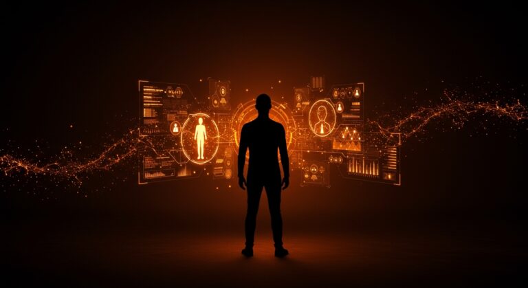 Líder tecnológico de Meta con agentes IA personalizados visualizados mediante hologramas en tonos naranja y negro, destacando innovación e inversiones en inteligencia artificial para startups.