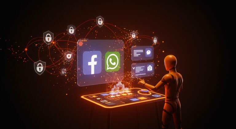 Herramientas de inteligencia artificial antifraude de Meta en Facebook, WhatsApp y Messenger protegiendo contra estafas online.