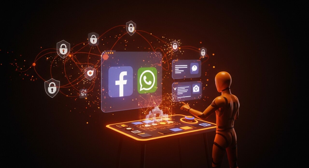 Herramientas de inteligencia artificial antifraude de Meta en Facebook, WhatsApp y Messenger protegiendo contra estafas online.