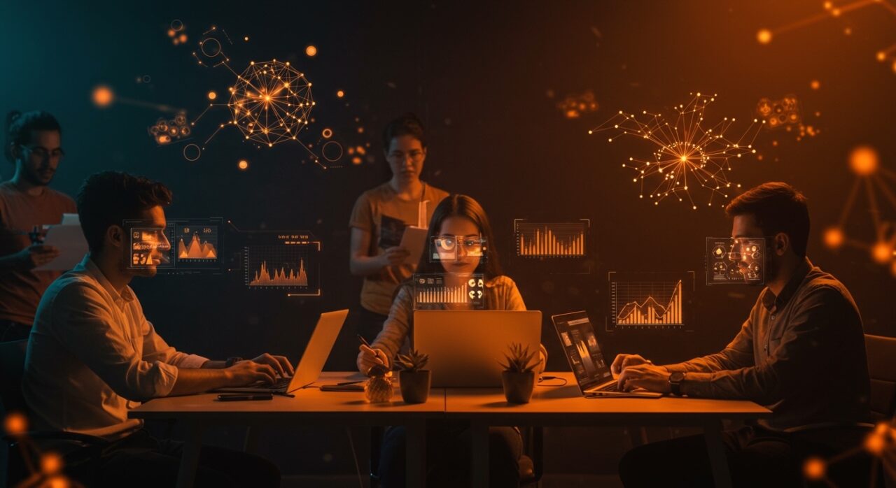 Pequeñas empresas y founders colaborando con inteligencia artificial y mentoría para escalar negocios tecnológicos en Latinoamérica.