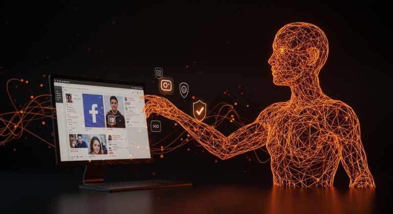 Moderación de contenido en Facebook e Instagram con inteligencia artificial de Meta, mostrando automatización y detección mejorada.