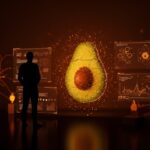 Fundador contemplando un holograma incompleto del modelo Avocado de Meta, simbolizando la paradoja de la inversión en inteligencia artificial.