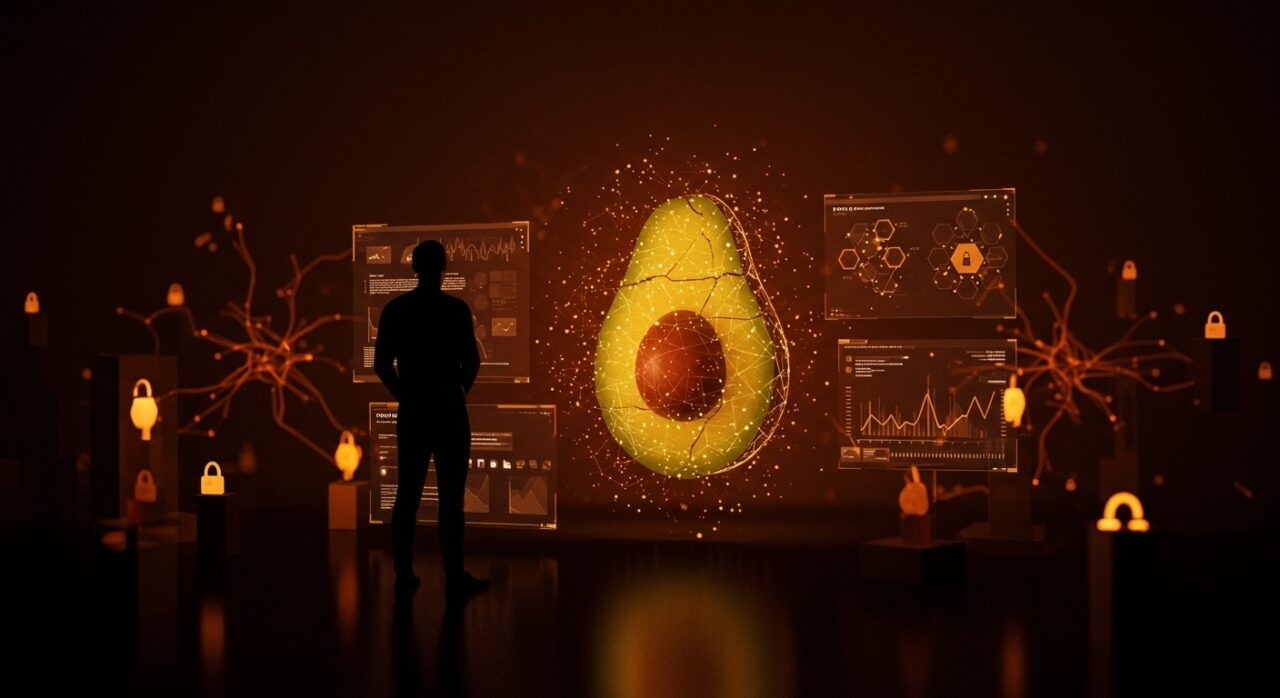 Fundador contemplando un holograma incompleto del modelo Avocado de Meta, simbolizando la paradoja de la inversión en inteligencia artificial.