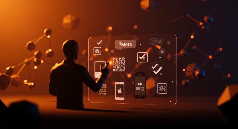 Imagen editorial de Meta impulsando leyes de verificación de edad con iconos de Apple y Google, destacando riesgos de privacidad y presión regulatoria en startups.