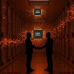 Acuerdo de infraestructura AI entre Meta y Nebius por 27 mil millones de dólares con chips Vera Rubin y energía digital en tonos naranja y negro.