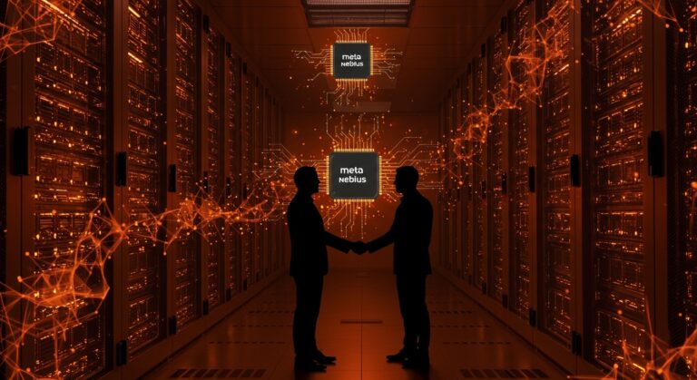 Acuerdo de infraestructura AI entre Meta y Nebius por 27 mil millones de dólares con chips Vera Rubin y energía digital en tonos naranja y negro.