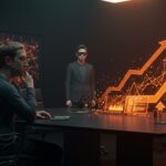 Reestructuración del equipo de inteligencia artificial de Meta y reducción de autoridad de Alexandr Wang bajo la dirección de Zuckerberg, ilustración visual en paleta naranja y negro.