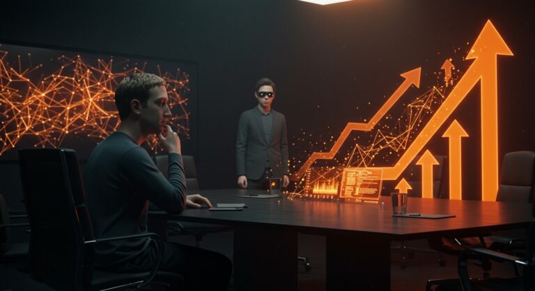 Reestructuración del equipo de inteligencia artificial de Meta y reducción de autoridad de Alexandr Wang bajo la dirección de Zuckerberg, ilustración visual en paleta naranja y negro.