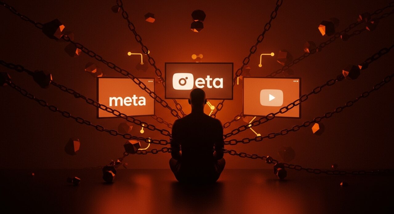 Usuarios atrapados en redes sociales Meta y YouTube simbolizando precedentes legales por adicción y responsabilidad de plataformas en el ecosistema tech.