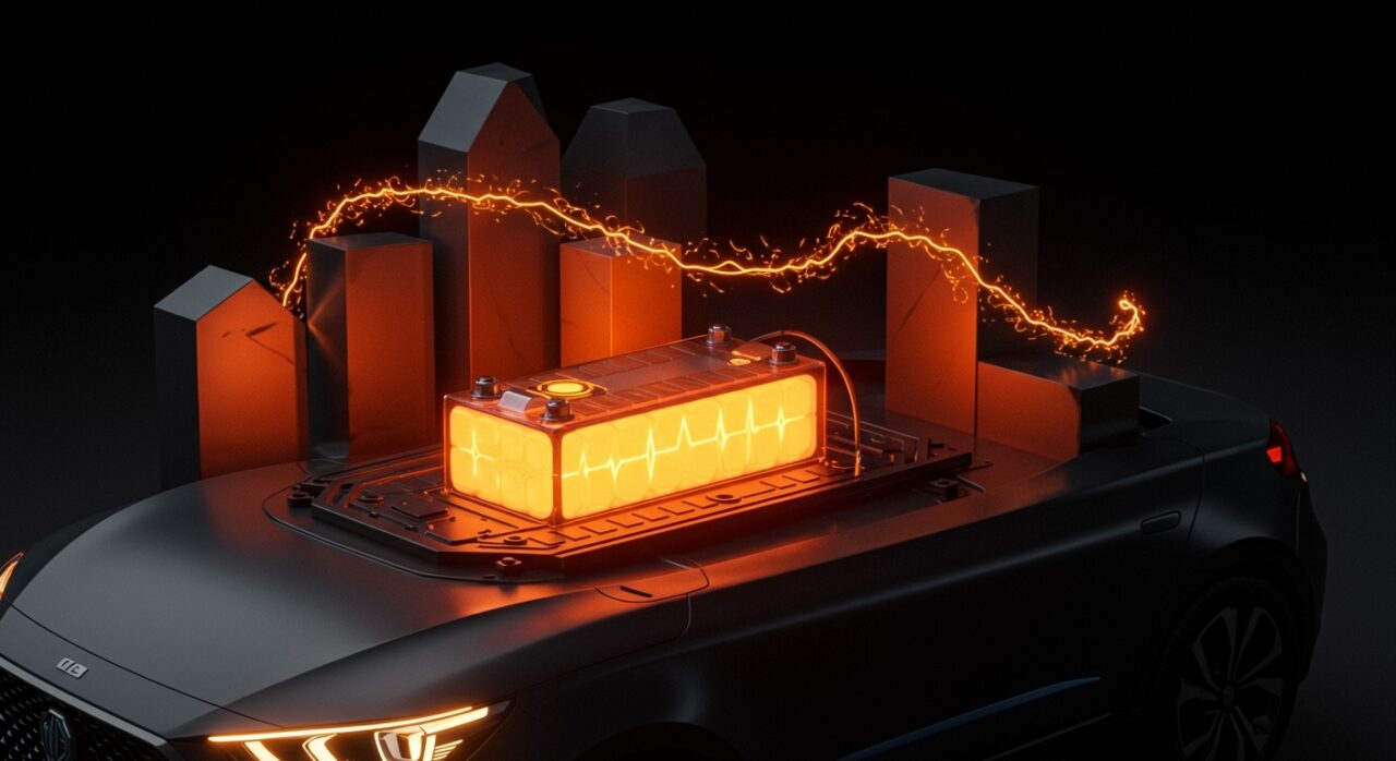 Batería semisólida SolidCore de MG destacada sobre un coche eléctrico MG4 EV Urban, simbolizando innovación tecnológica en movilidad eléctrica en Europa.