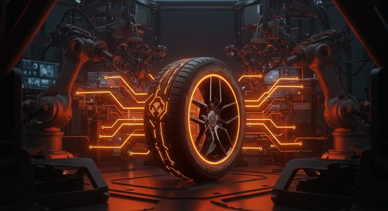 Neumático Michelin con tecnología RFID en entorno de manufactura avanzada, simbolizando innovación y movilidad sostenible en el sector automotriz europeo.