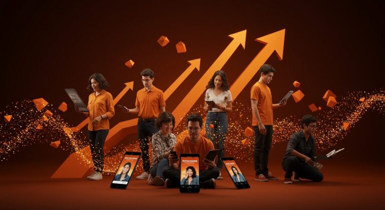 Fundadores de startups tech en LATAM interactuando con apps móviles de micro dramas que impulsan nuevos modelos de negocio y tendencias de mercado.