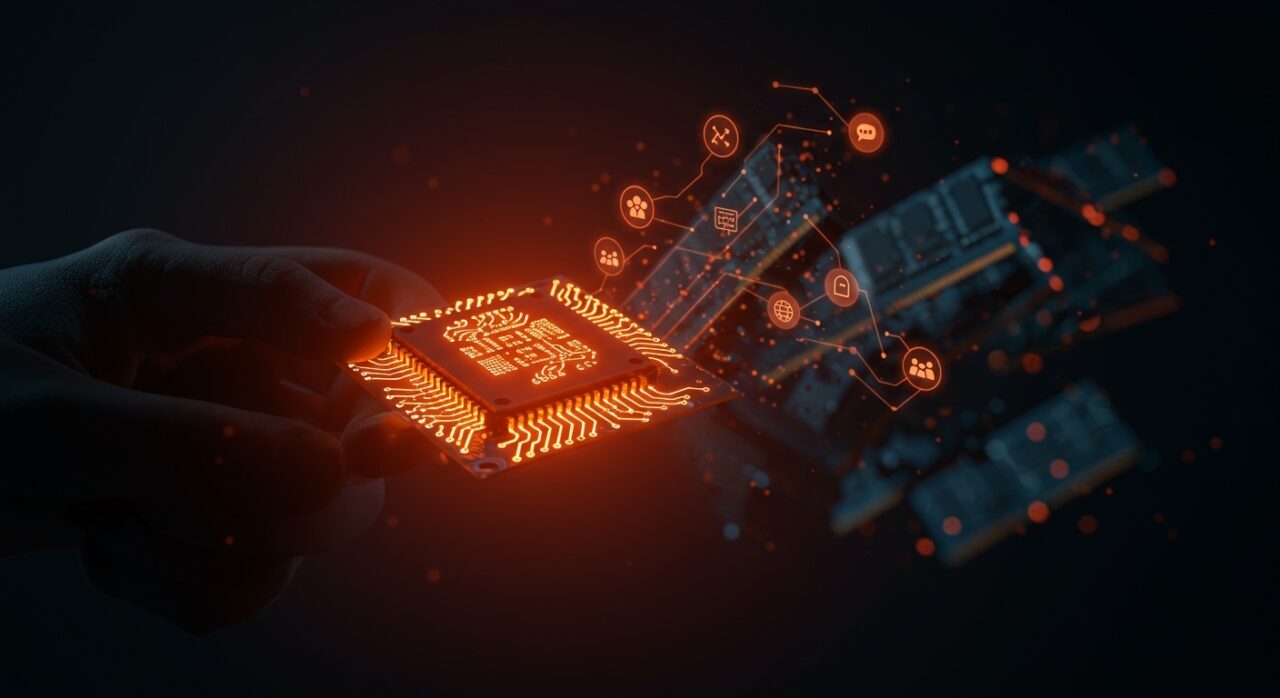 Microchip luminoso simbolizando la crisis de memoria RAM y el impacto de la inteligencia artificial en startups tecnológicas.