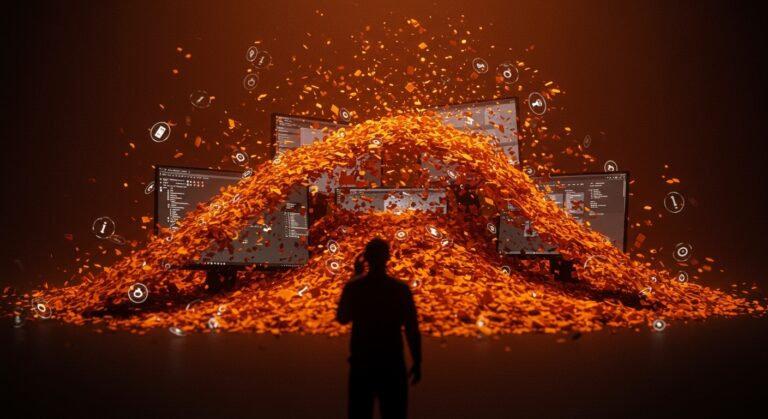 Crisis del contenido IA de baja calidad representada por una silueta rodeada de datos caóticos y flujos digitales, ilustrando la saturación de información AI Slop de Microsoft Copilot y Bing.