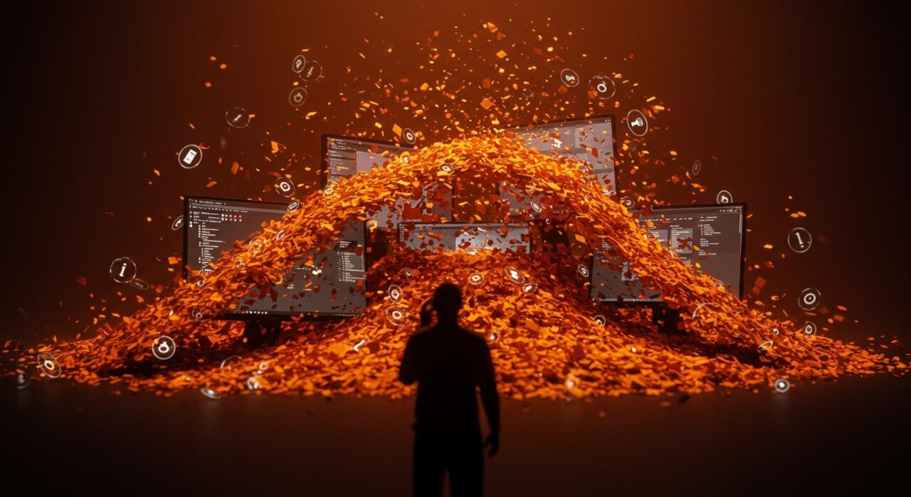 Crisis del contenido IA de baja calidad representada por una silueta rodeada de datos caóticos y flujos digitales, ilustrando la saturación de información AI Slop de Microsoft Copilot y Bing.