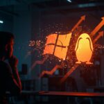 Silueta de fundador tecnológico observando el crecimiento de Linux frente a fallos críticos en Windows 11 y migración startup a alternativas open source en 2026.