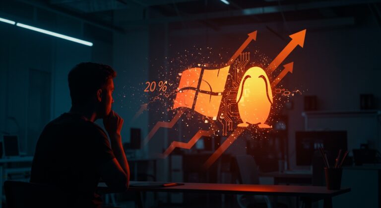 Silueta de fundador tecnológico observando el crecimiento de Linux frente a fallos críticos en Windows 11 y migración startup a alternativas open source en 2026.