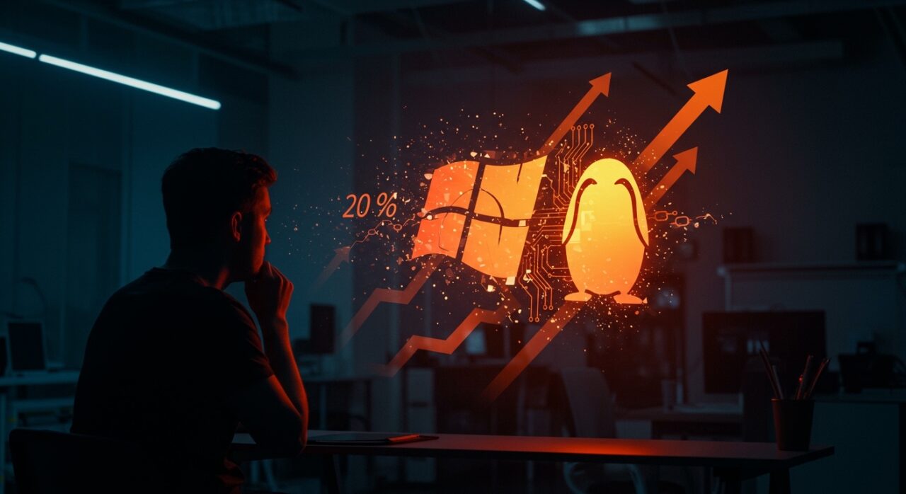Silueta de fundador tecnológico observando el crecimiento de Linux frente a fallos críticos en Windows 11 y migración startup a alternativas open source en 2026.