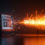 Microsoft Encarta en caída frente al ascenso de Wikipedia, representando innovación tecnológica y disrupción digital en el ecosistema startup.