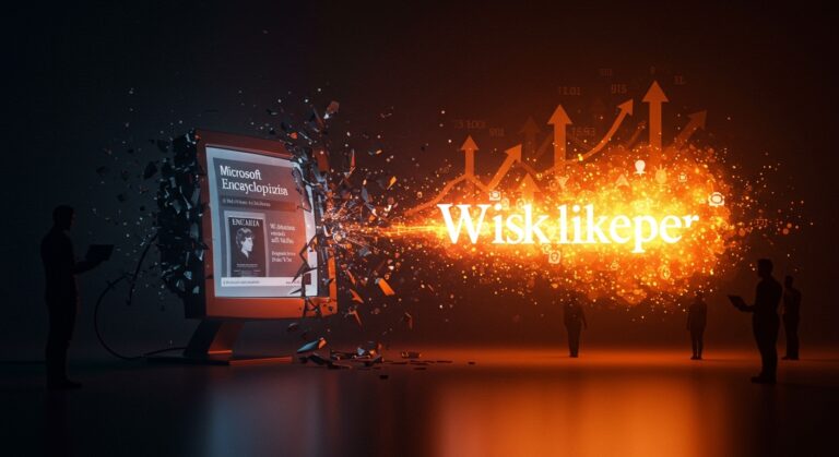 Microsoft Encarta en caída frente al ascenso de Wikipedia, representando innovación tecnológica y disrupción digital en el ecosistema startup.