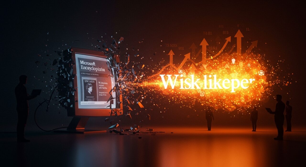 Microsoft Encarta en caída frente al ascenso de Wikipedia, representando innovación tecnológica y disrupción digital en el ecosistema startup.