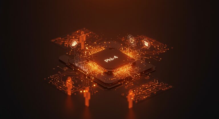 Interfaz futurista de Microsoft Phi-4 mostrando modelos multimodales y razonamiento de IA aplicada para startups tecnológicas.