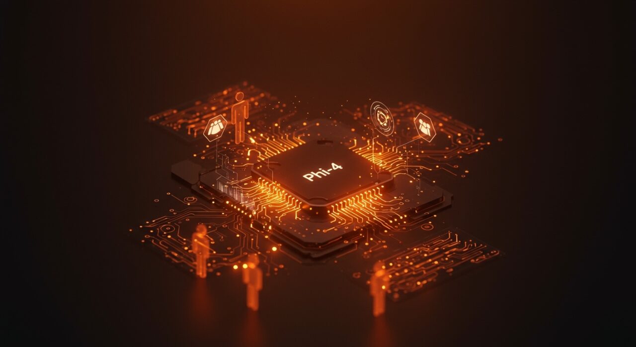 Interfaz futurista de Microsoft Phi-4 mostrando modelos multimodales y razonamiento de IA aplicada para startups tecnológicas.