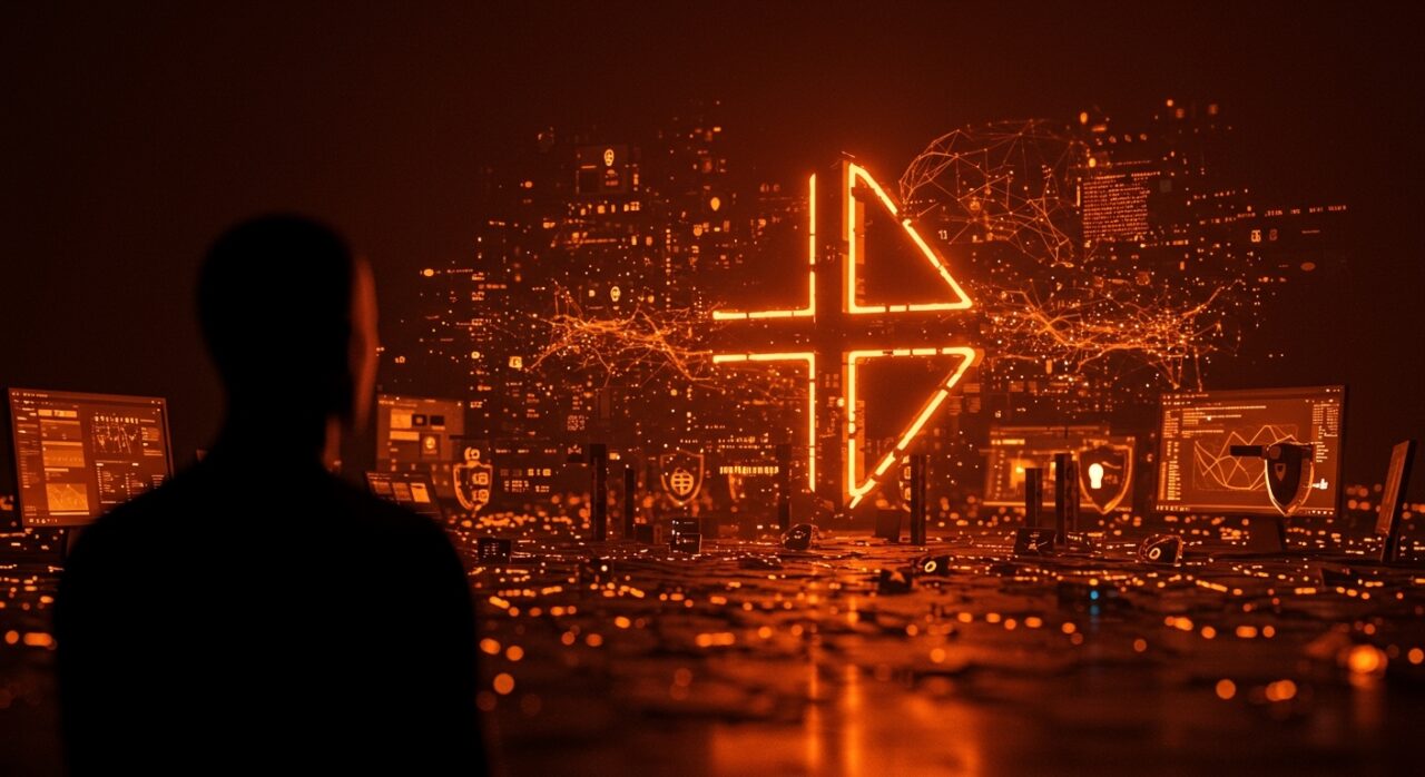 Ilustración editorial que representa la mierdificación de internet con símbolos digitales caóticos y la regulación tecnológica liderada por Noruega.