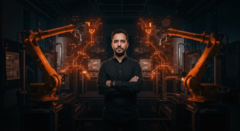 RJ Scaringe CEO de Mind Robotics frente a robots industriales con IA destacando innovación disruptiva en robótica industrial.