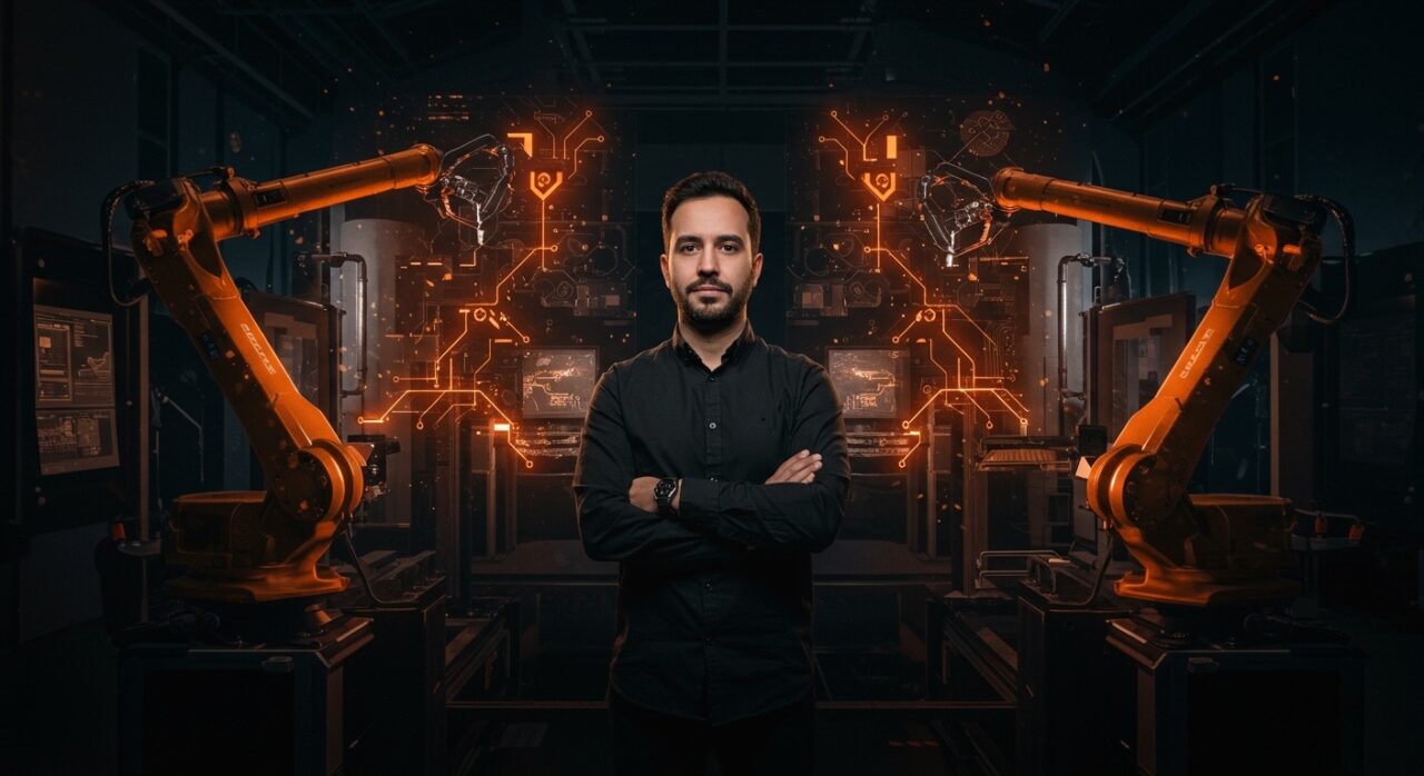 RJ Scaringe CEO de Mind Robotics frente a robots industriales con IA destacando innovación disruptiva en robótica industrial.