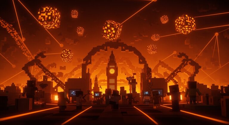 Entrada del parque temático Minecraft World en Londres en 2027, representando la expansión de marca y tendencias tecnológicas en entretenimiento inmersivo.