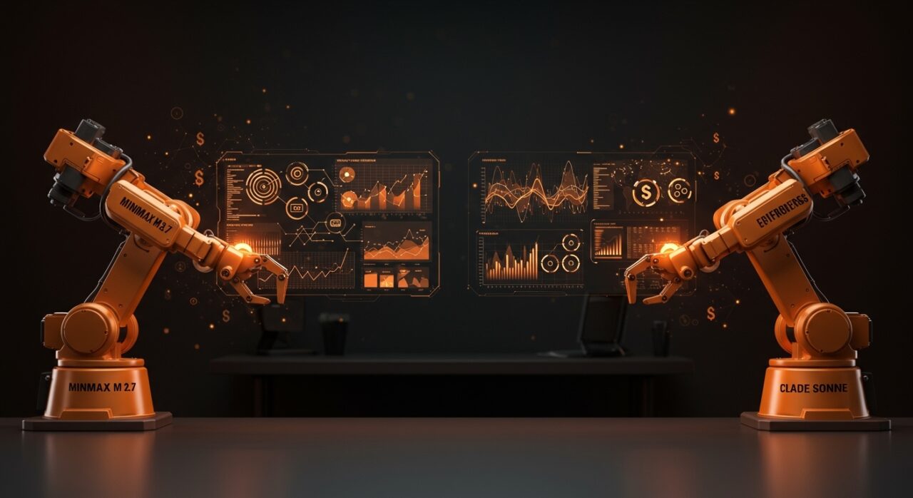 Comparativa visual de MiniMax M2.7 y Claude Sonnet en automatización de procesos para startups tech en LATAM, destacando coste y precisión.